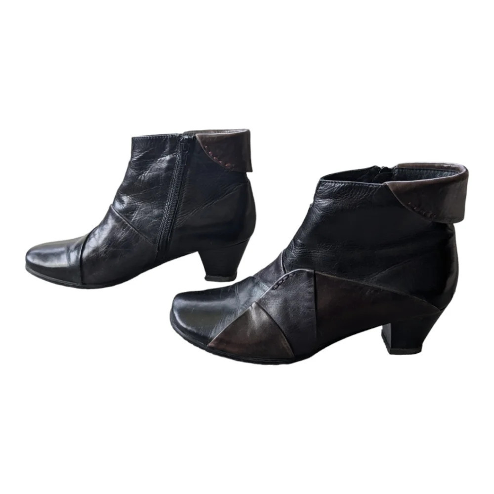 Canal Grande Leather Ankle Boots Booties Black Brown Patchwork Embroidery 38